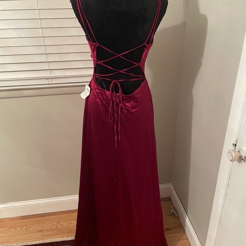Windsor Burgundy Satin Dress with Lace-Up Detail